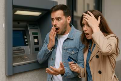 Person erschrickt am Geldautomaten wegen hoher Kosten